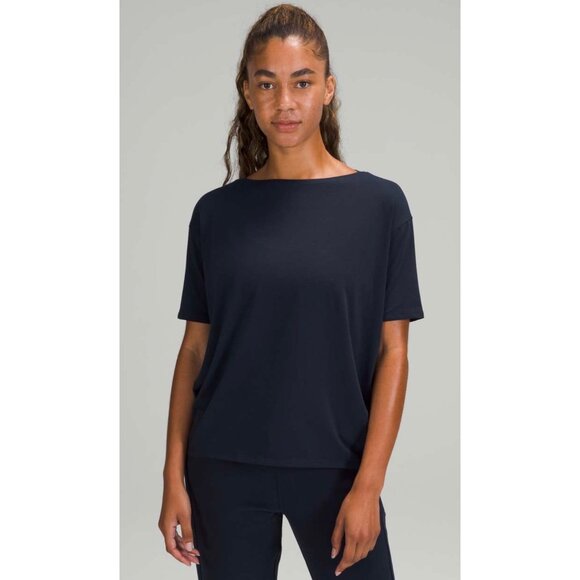lululemon athletica Tops - LULULEMON Navy Blue Back In Action Short Sleeve Boat Neck Women’s T-Shirt 12